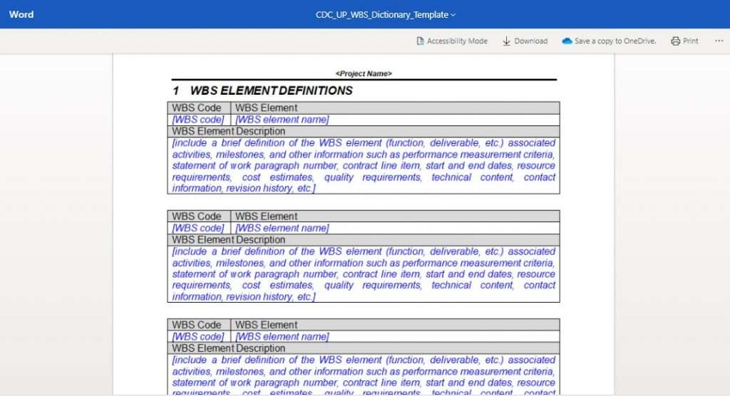 CDC UP WBS Dictionary