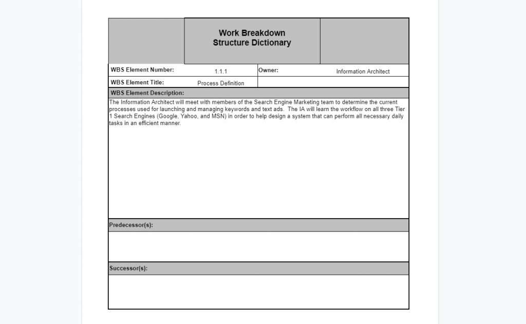 Google Doc WBS Dictionary Template 02 - Work Breakdown Structure Dictionary Element Template