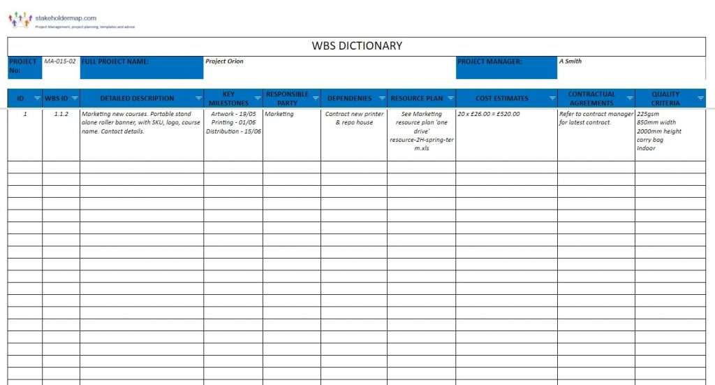 Google Sheet WBS Dictionary Template 03 - Project Management WBS Dictionary Template