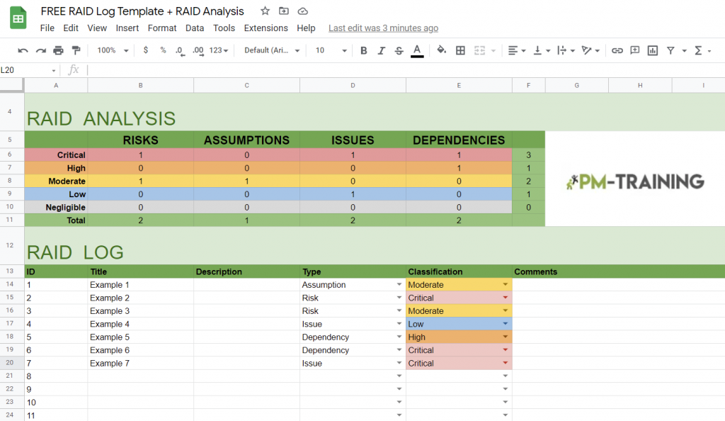 Google Sheets free RAID Log Template