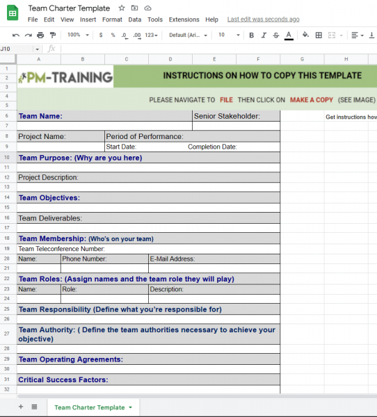  Team Charter Template google Sheets-