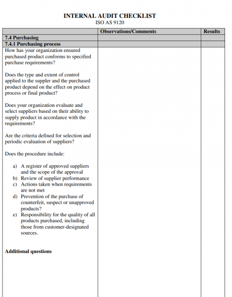 procurement audit checklist iso 9001