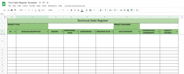 tech debt register template google sheets