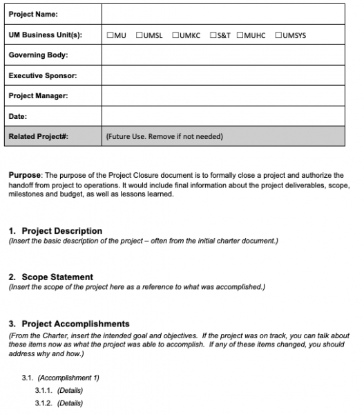 Project Closure Checklist template Umsystem