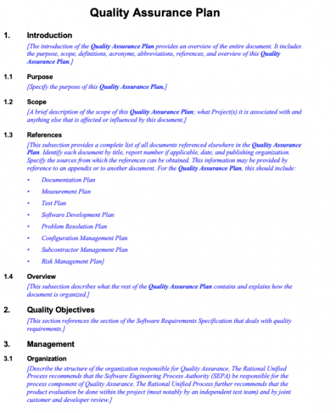 Quality assurance plan template