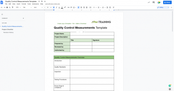 Quality Control Measurements Template google doc