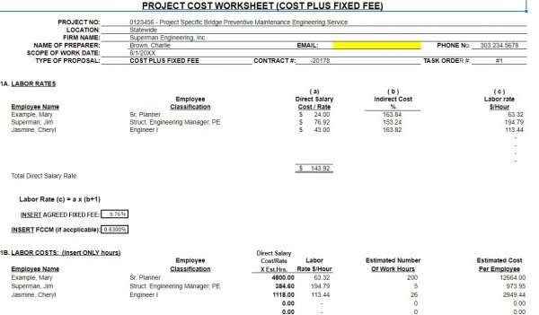 Cost Plus Contract - Project Cost Worksheet Cost Plus