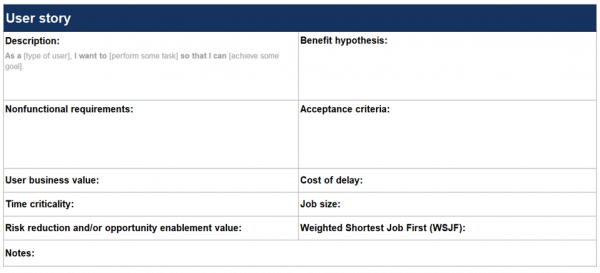 User Story Excel Template